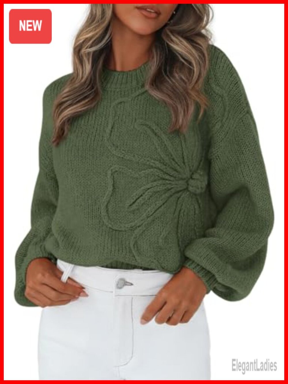 Oversized 3D Floral Knit Sweater Crew Neck Lantern Sleeve Pullover